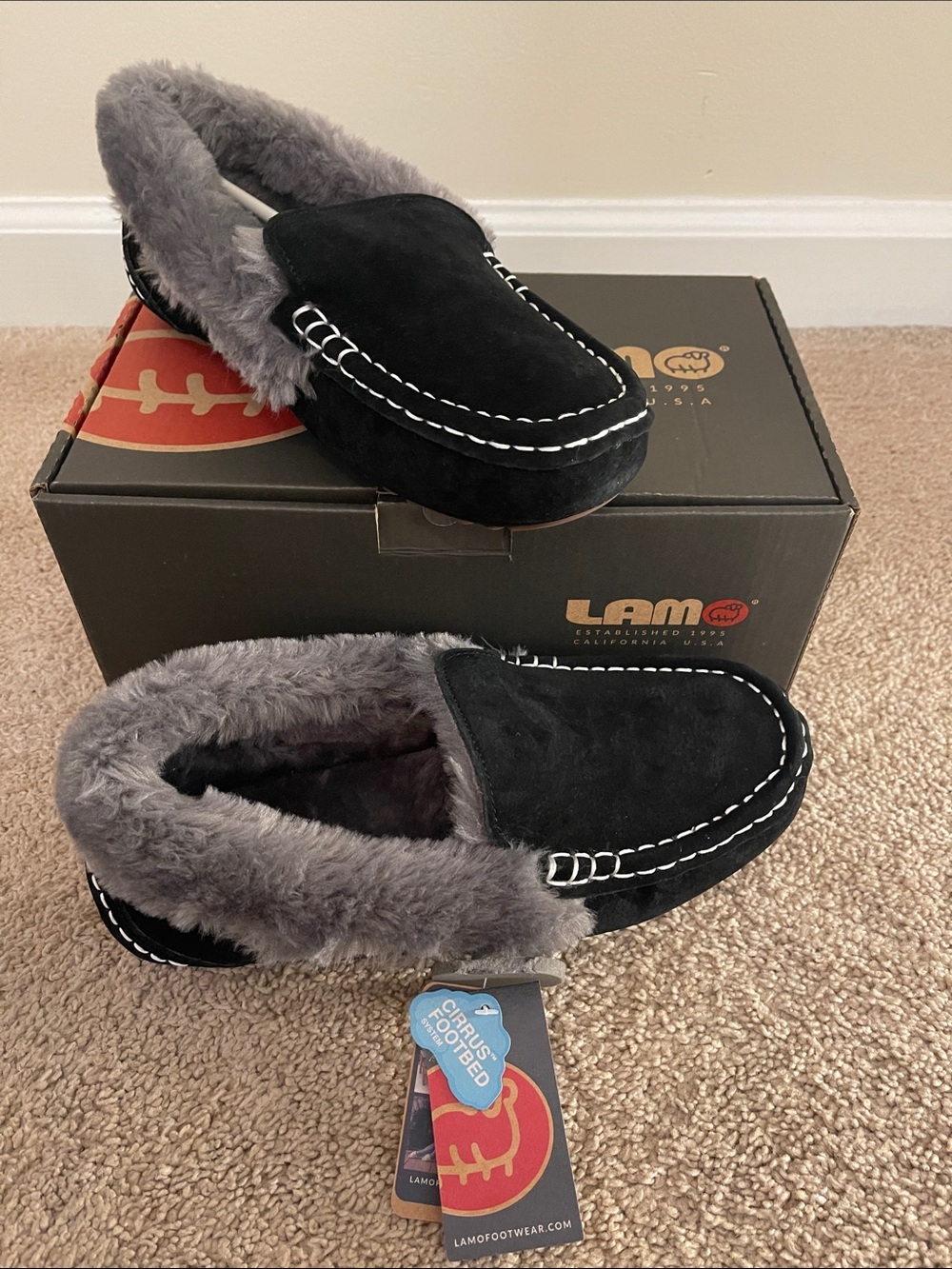 Lamo Black Suede Slip-On Moccasin with Gray Shearling Womans size 10